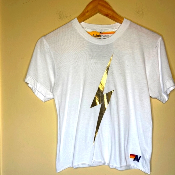 Aviator Nation Tops - Aviator Nation White Tee with Gold Lightning Bolt